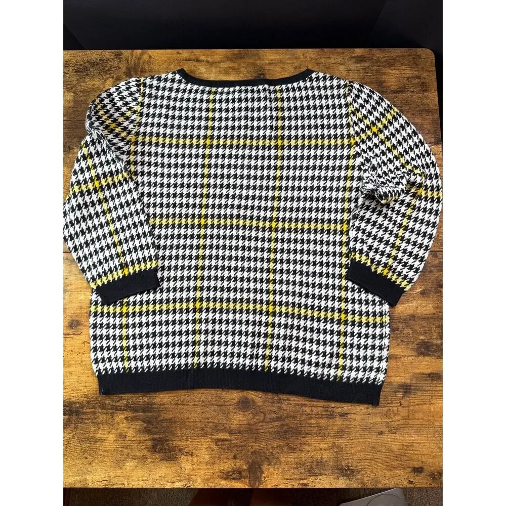 Ann Taylor Factory XL Houndstooth Plaid Sweater Black White Yellow Old Money EUC